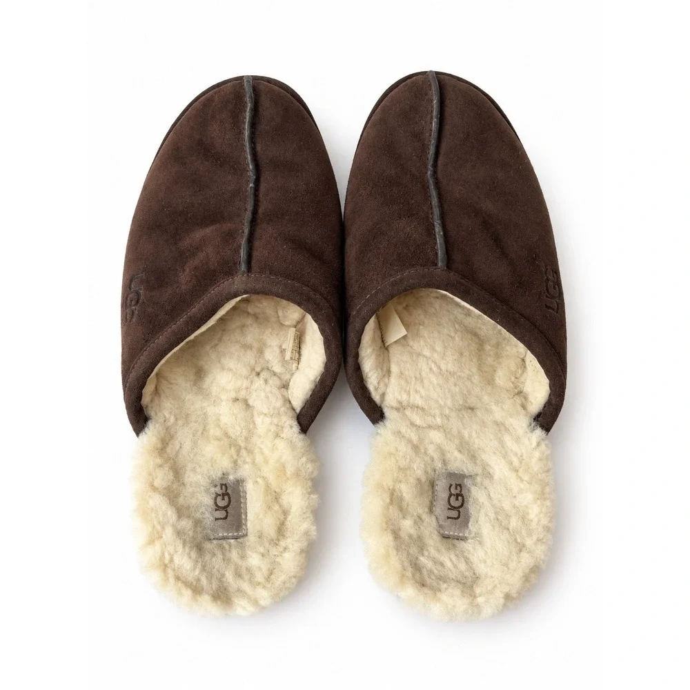 UGG Men's Size 14 Brown Suede Scuff Slippers Shearling Lined Slip On